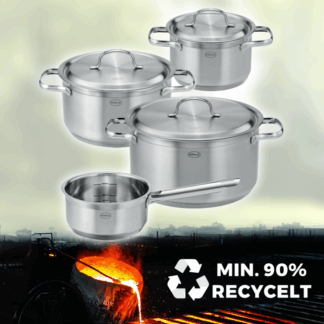Rösle Topfset Edelstahl 4-tlg. bestehend aus Kochtopf Ø 16 cm, Ø 20 cm, Ø 24 cm + Deckel und Stielkasserolle Ø 16 cm 132106 PUREELEMENTS