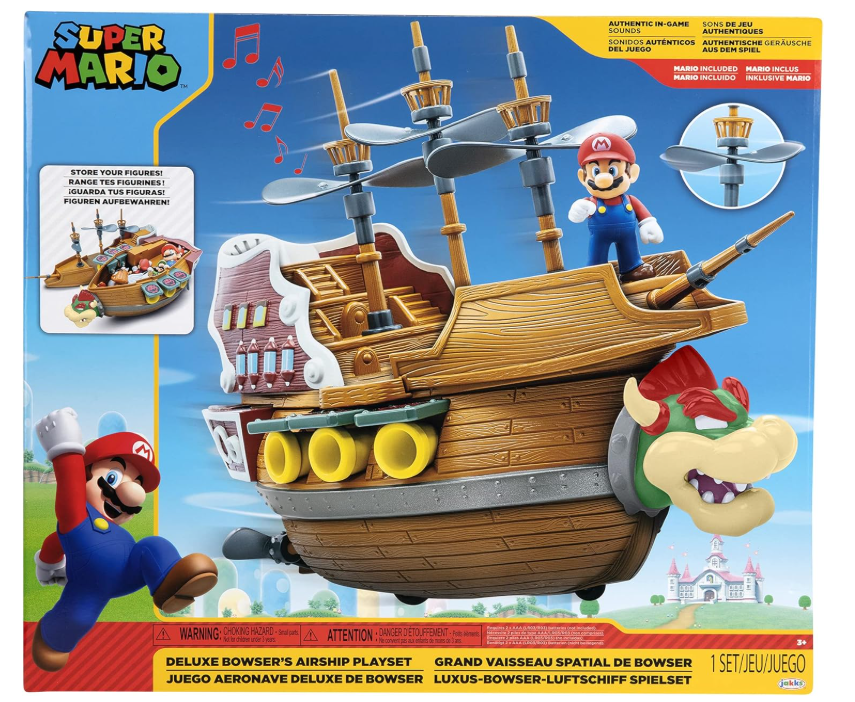 Super Mario Deluxe Bowser's Luftschiff Spielset mit Mario Actionfigur - authentische In-Game-Sounds & drehende Propeller