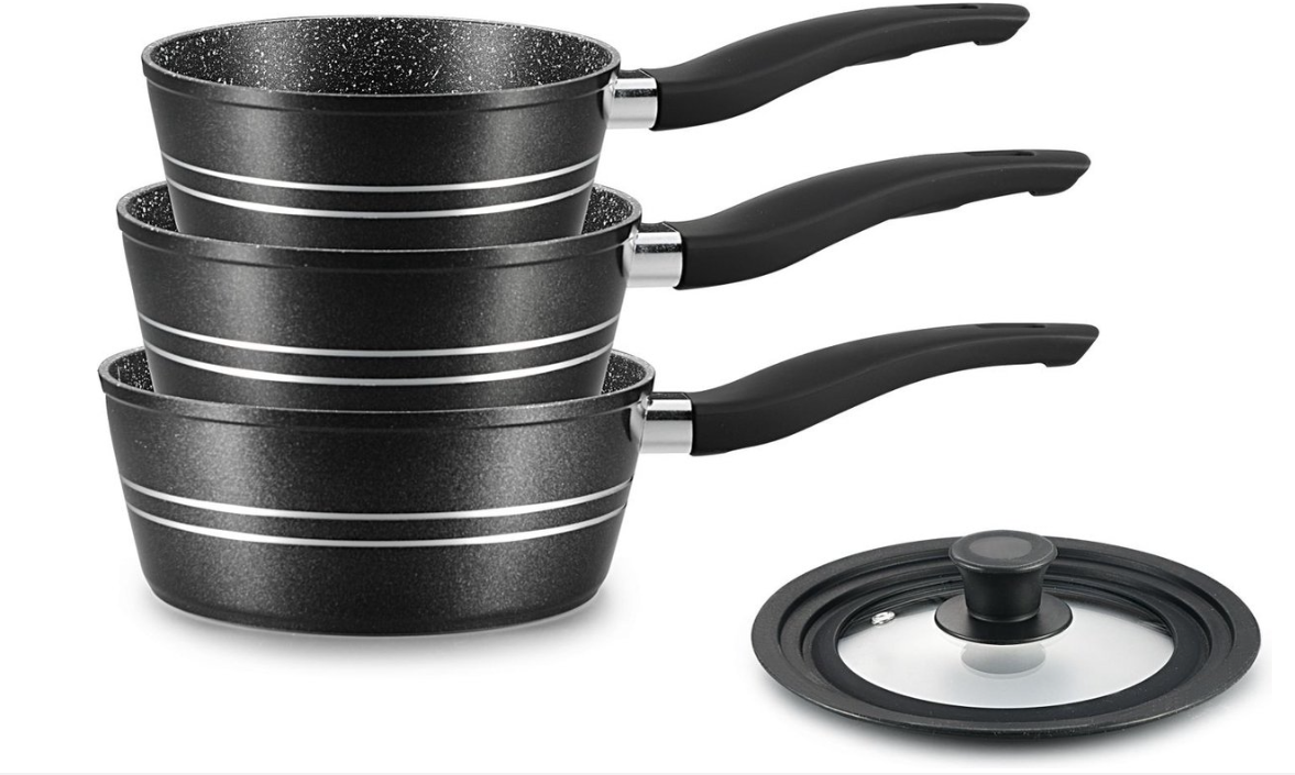 Royalty Line® FS3M Induktions-Kochtopf – 4-teiliges Topfset mit Universaldeckel – Ø 16/18/20 cm – 1,2/1,6/2,3 Liter – Antihaft-Kochtopf – Kochtopf für alle Herdarten – Schwarz