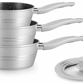 Royalty Line® FS3M Induktions-Topfset – 4-teilig mit Universaldeckel – Ø 16/18/20 cm – 1,2/1,6/2,3 Liter – Antihaftbeschichtung – Geeignet für alle Herdarten – Silber