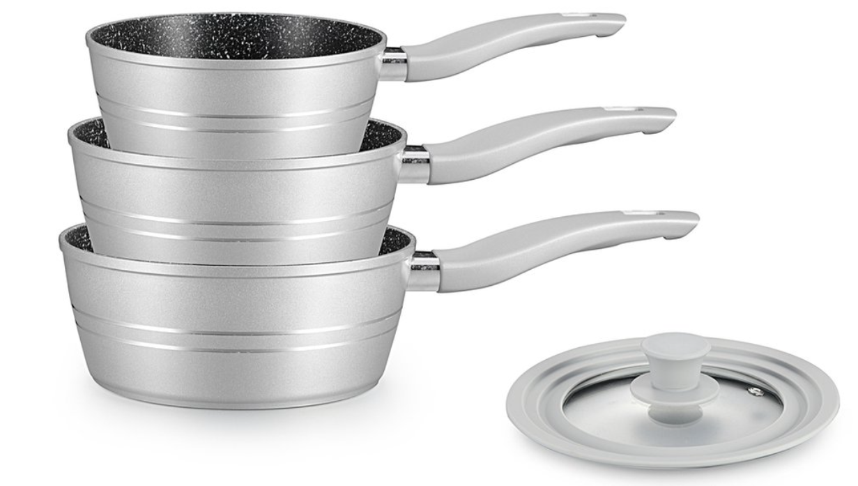 Royalty Line® FS3M Induktions-Topfset – 4-teilig mit Universaldeckel – Ø 16/18/20 cm – 1,2/1,6/2,3 Liter – Antihaftbeschichtung – Geeignet für alle Herdarten – Silber