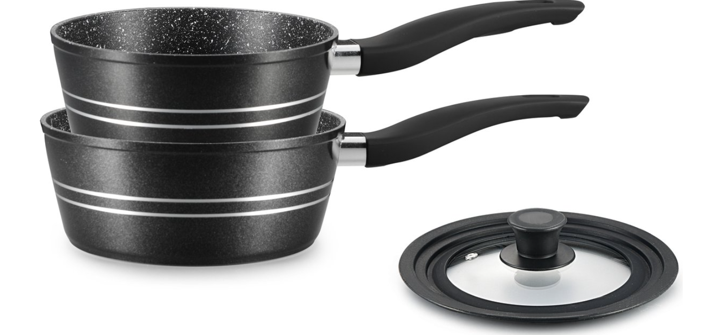 Royalty Line® FS2M Induktions-Kochtopf – 3-teiliges Kochtopf-Set mit Universaldeckel – Ø 18/20 cm – 1,6/2,3 Liter – Antihaftbeschichtung – Für alle Herdarten geeignet – Schwarz