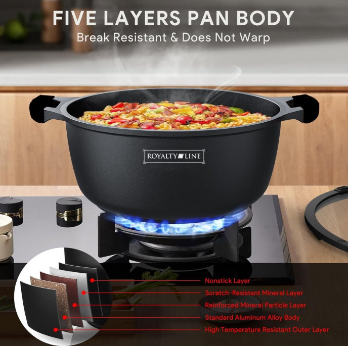 Royalty Line® BS20M Induktions-Bratpfanne – Ø 20 cm / 2,5 Liter Induktions-Suppentopf – Antihaftbeschichteter Topf – Für alle Herdarten geeignet – PFOA- und PTFE-frei – Bratpfanne mit Deckel – Schwarz