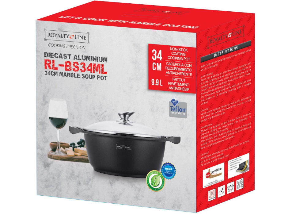 Royalty Line® BS34M Induktions-Schmortopf – Ø 34 cm / 9,9 Liter – Antihaftbeschichtung – Für alle Herdarten geeignet – Schwarz
