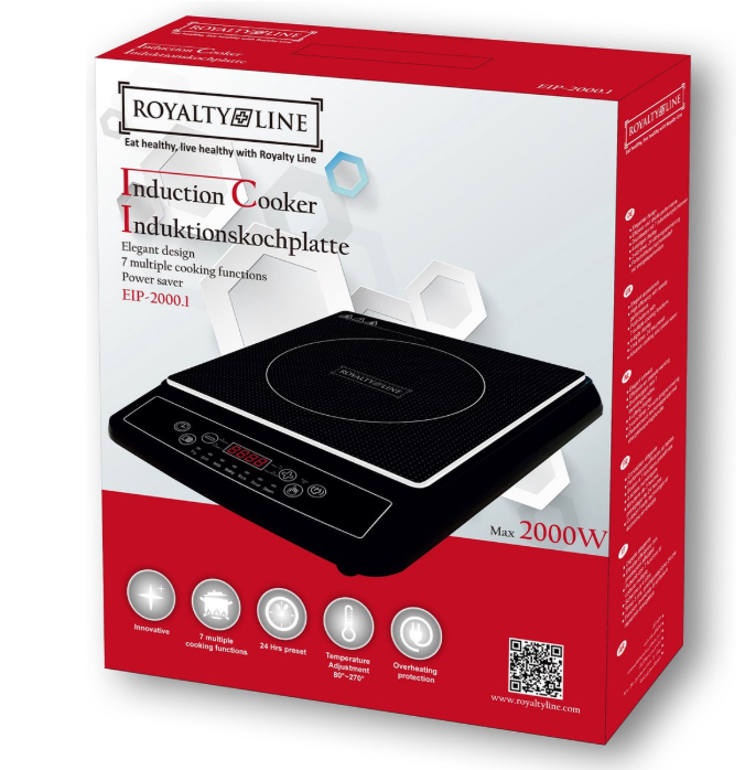 Royalty Line® EIP2000 Stand-Induktionskochfeld – 1 Kochzone – Geeignet für Töpfe und Pfannen von 15 bis 25 cm – 2000 W Leistung – 1 Kochfeld – Timer – Schwarz