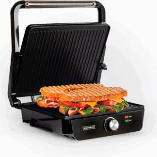 Royalty Line® PG7937 Sandwichmaker XL für 4 Sandwiches – Kontaktgrill – Großes Panini – Zusammenklappbar – Grillplatte mit Antihaftbeschichtung – 2000 W – Temperaturregelung – 29 x 24 cm – Schwarz/Edelstahl