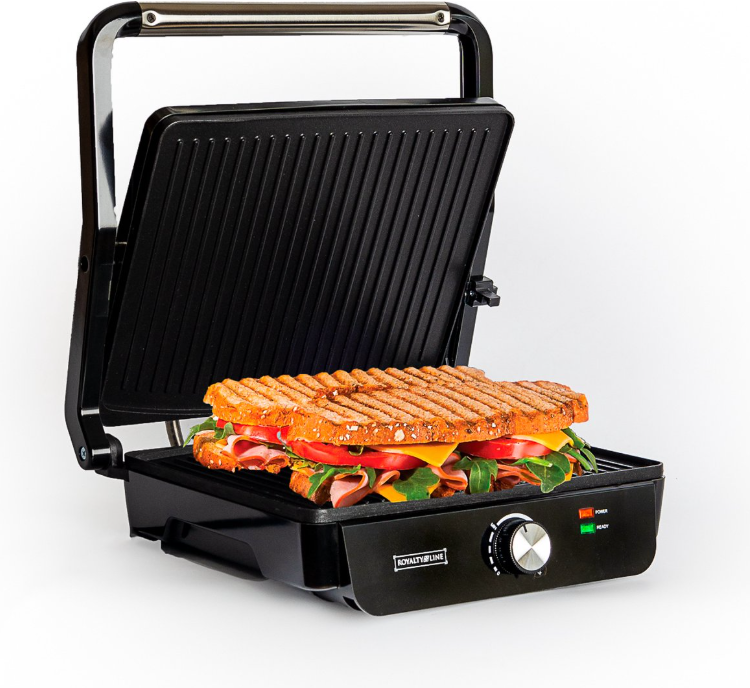 Royalty Line® PG7937 Sandwichmaker XL für 4 Sandwiches – Kontaktgrill – Großes Panini – Zusammenklappbar – Grillplatte mit Antihaftbeschichtung – 2000 W – Temperaturregelung – 29 x 24 cm – Schwarz/Edelstahl