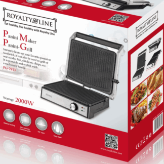 Royalty Line® PG7933 Sandwichmaker XL für 4 Sandwiches – Kontaktgrill – 2000 W – Panini-Grill – 29 x 24,5 cm – Klappbar – Sandwicheisen mit Antihaftbeschichtung – Temperaturregelung – Schwarz/Edelstahl