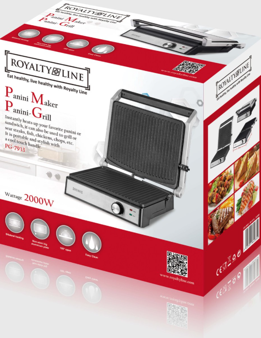 Royalty Line® PG7933 Sandwichmaker XL für 4 Sandwiches – Kontaktgrill – 2000 W – Panini-Grill – 29 x 24,5 cm – Klappbar – Sandwicheisen mit Antihaftbeschichtung – Temperaturregelung – Schwarz/Edelstahl