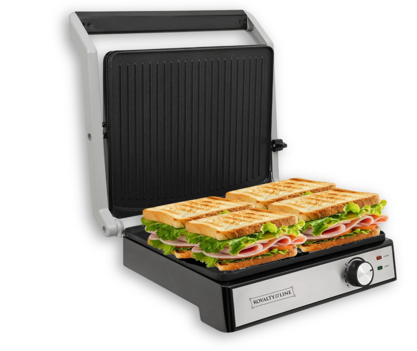 Royalty Line® PG7933 Sandwichmaker XL für 4 Sandwiches – Kontaktgrill – 2000 W – Panini-Grill – 29 x 24,5 cm – Klappbar – Sandwicheisen mit Antihaftbeschichtung – Temperaturregelung – Schwarz/Edelstahl