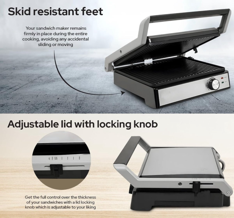 Royalty Line® PG7933 Sandwichmaker XL für 4 Sandwiches – Kontaktgrill – 2000 W – Panini-Grill – 29 x 24,5 cm – Klappbar – Sandwicheisen mit Antihaftbeschichtung – Temperaturregelung – Schwarz/Edelstahl