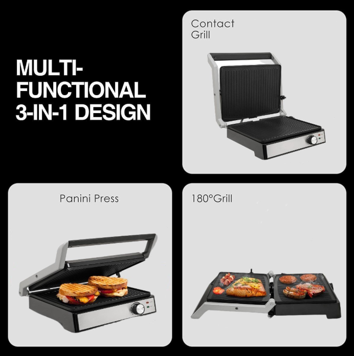 Royalty Line® PG7933 Sandwichmaker XL für 4 Sandwiches – Kontaktgrill – 2000 W – Panini-Grill – 29 x 24,5 cm – Klappbar – Sandwicheisen mit Antihaftbeschichtung – Temperaturregelung – Schwarz/Edelstahl