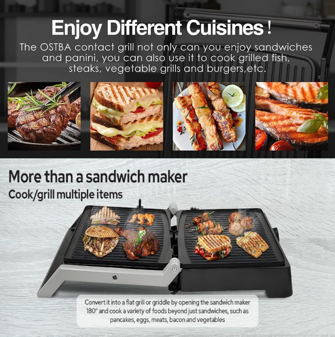 Royalty Line® PG7933 Sandwichmaker XL für 4 Sandwiches – Kontaktgrill – 2000 W – Panini-Grill – 29 x 24,5 cm – Klappbar – Sandwicheisen mit Antihaftbeschichtung – Temperaturregelung – Schwarz/Edelstahl