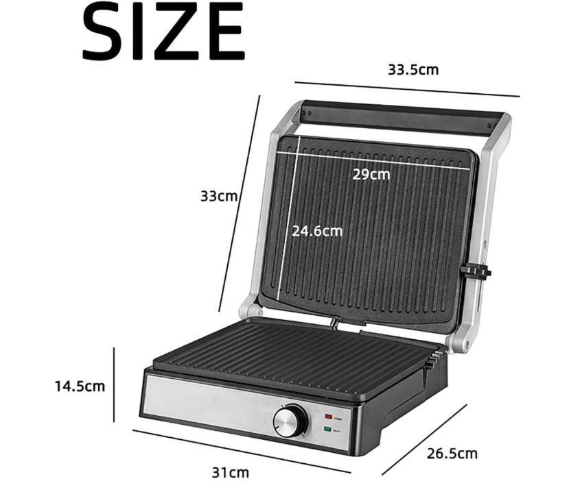 Royalty Line® PG7933 Sandwichmaker XL für 4 Sandwiches – Kontaktgrill – 2000 W – Panini-Grill – 29 x 24,5 cm – Klappbar – Sandwicheisen mit Antihaftbeschichtung – Temperaturregelung – Schwarz/Edelstahl