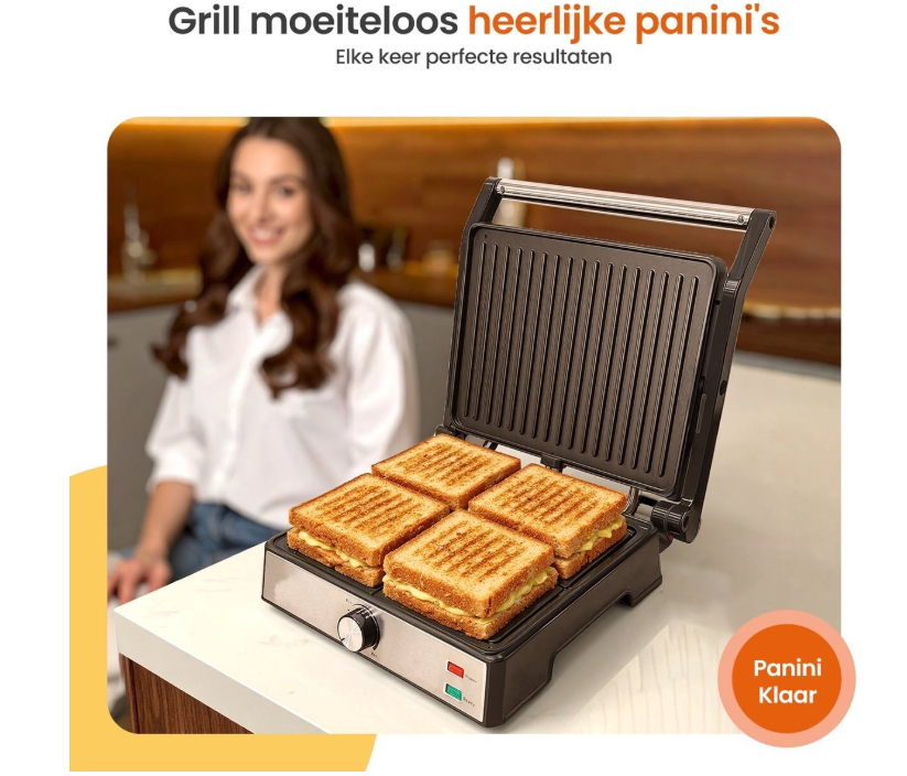 Royalty Line® PG7933 Sandwichmaker XL für 4 Sandwiches – Kontaktgrill – 2000 W – Panini-Grill – 29 x 24,5 cm – Klappbar – Sandwicheisen mit Antihaftbeschichtung – Temperaturregelung – Schwarz/Edelstahl