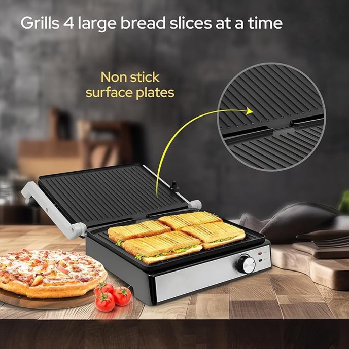 Royalty Line® PG7933 Sandwichmaker XL für 4 Sandwiches – Kontaktgrill – 2000 W – Panini-Grill – 29 x 24,5 cm – Klappbar – Sandwicheisen mit Antihaftbeschichtung – Temperaturregelung – Schwarz/Edelstahl