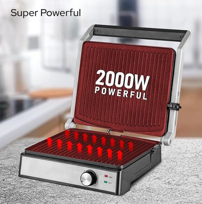 Royalty Line® PG7933 Sandwichmaker XL für 4 Sandwiches – Kontaktgrill – 2000 W – Panini-Grill – 29 x 24,5 cm – Klappbar – Sandwicheisen mit Antihaftbeschichtung – Temperaturregelung – Schwarz/Edelstahl