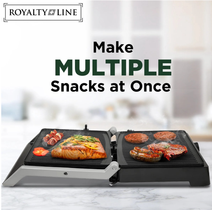 Royalty Line® PG7933 Sandwichmaker XL für 4 Sandwiches – Kontaktgrill – 2000 W – Panini-Grill – 29 x 24,5 cm – Klappbar – Sandwicheisen mit Antihaftbeschichtung – Temperaturregelung – Schwarz/Edelstahl