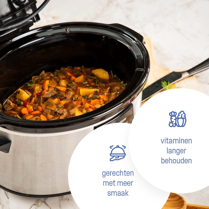 Royalty Line® SLC1012 Schongarer – 3,5 Liter – Ø 24,5 cm – mit herausnehmbarem Keramik-Innentopf – PFAS-frei – 240 W – Warmhaltefunktion – Edelstahl