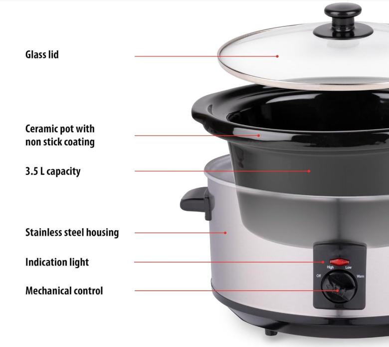 Royalty Line® SLC1012 Schongarer – 3,5 Liter – Ø 24,5 cm – mit herausnehmbarem Keramik-Innentopf – PFAS-frei – 240 W – Warmhaltefunktion – Edelstahl