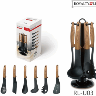 Royalty Line® U03 Küchenutensilien-Set – 7-teiliges Kochgeschirr-Set – BPA-frei – Kochen – Aufhängbar – Hitzebeständig – Mit Drehteller – Küchenset – Holzoptik