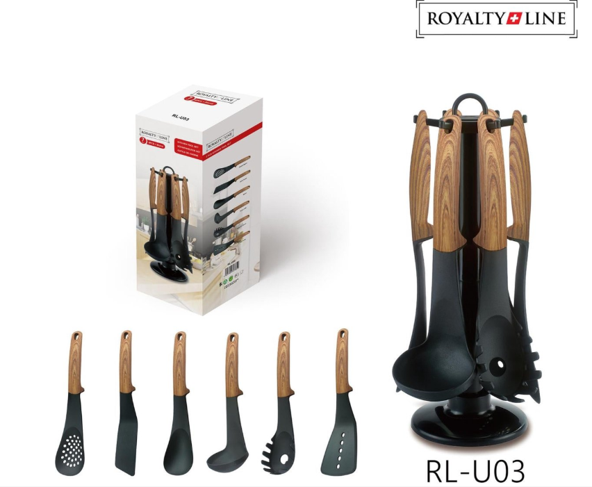 Royalty Line® U03 Küchenutensilien-Set – 7-teiliges Kochgeschirr-Set – BPA-frei – Kochen – Aufhängbar – Hitzebeständig – Mit Drehteller – Küchenset – Holzoptik