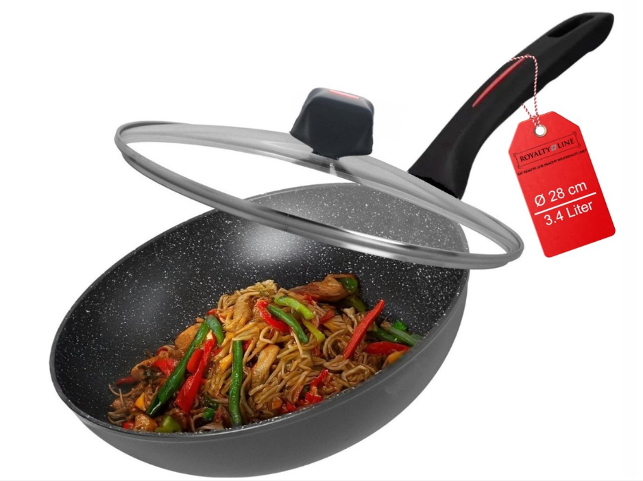 Royalty Line® FWN28 Induktionswok – Ø 28 cm / 3,4 Liter – Wokpfanne für alle Herdarten – Wokpfanne mit Antihaftbeschichtung – PFOA- und PTFE-frei – Wokpfanne mit Deckel – Schwarz