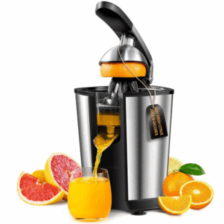 Royalty Line® CPE85 Elektrische Zitruspresse – Elektrische Orangenpresse mit Hebel – Zitronenpresse mit 2 Presskegeln – Fruchtpresse – Edelstahl / Schwarz