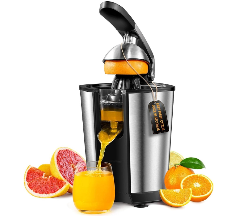 Royalty Line® CPE85 Elektrische Zitruspresse – Elektrische Orangenpresse mit Hebel – Zitronenpresse mit 2 Presskegeln – Fruchtpresse – Edelstahl / Schwarz