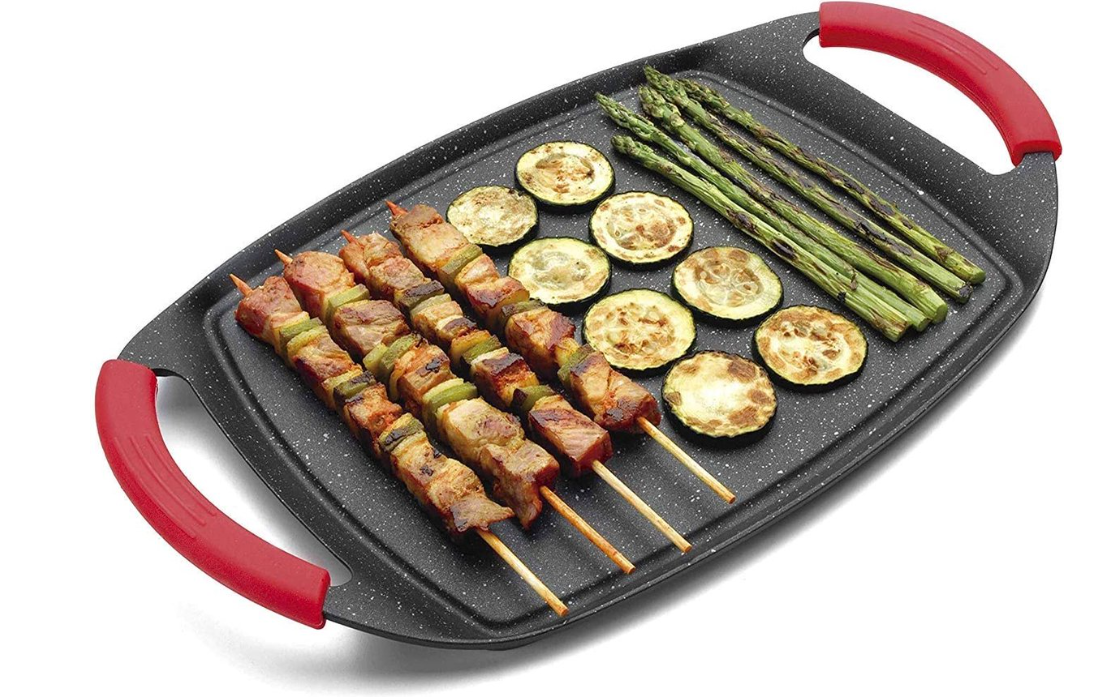 Royalty Line® ATG36M Induktionsgrillplatte – 23 x 36 cm – Induktionsgrillpfanne für alle Herdarten – Backofenfreie Grillpfanne – Plancha mit abnehmbaren Griffen – Schwarz