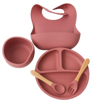 Silikon Baby Ess-Set – 5-teilig (BPA-frei) | Teller, Schüssel, Löffel, Gabel & Bib
