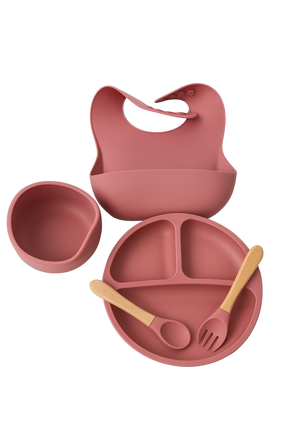 Silikon Baby Ess-Set – 5-teilig (BPA-frei) | Teller, Schüssel, Löffel, Gabel & Bib