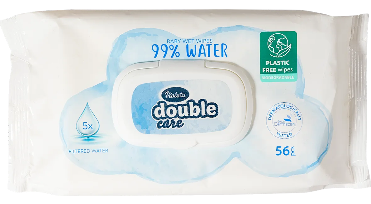 Doppelt pflegende Feuchttücher – 99 % Wasser, 56 Stück.