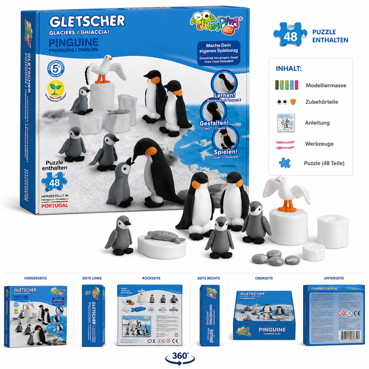 Jumping Clay – Gletscher Pinguine Kreativ-Set mit 48-teiligem Puzzle