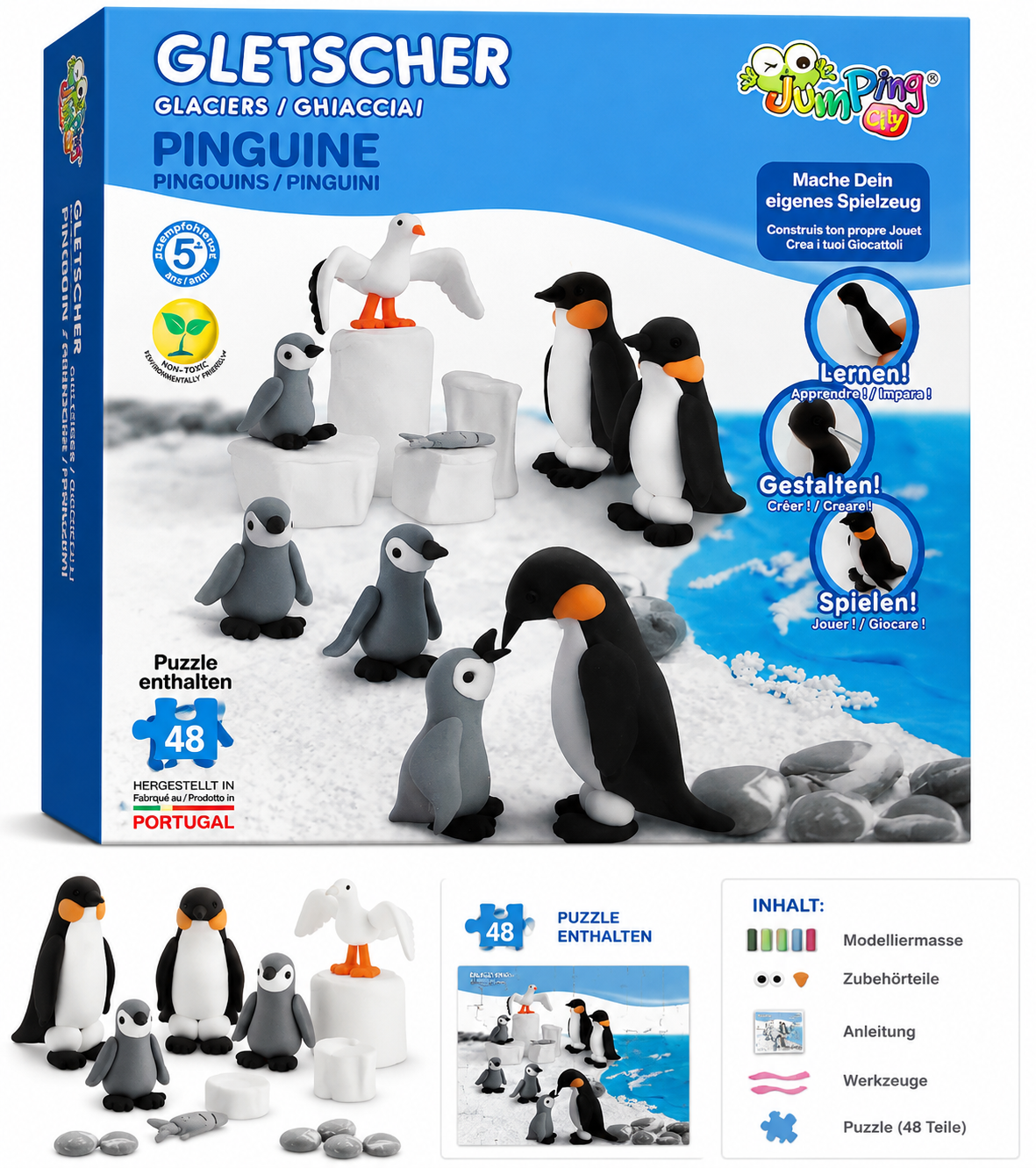 Jumping Clay – Gletscher Pinguine Kreativ-Set mit 48-teiligem Puzzle