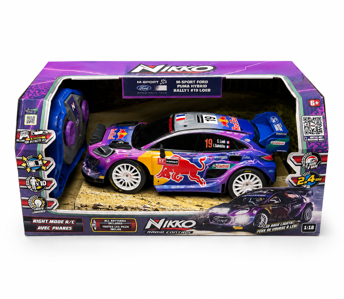 Nikko M-Sport Ford Puma Hybrid Rally1 #19 Loeb – Ferngesteuertes RC-Rallyeauto 1:18