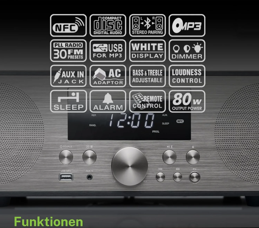MUSE M-880 BTC – Design Bluetooth Stereoanlage mit CD-Player – 80 W – Schwarz – Bild 6